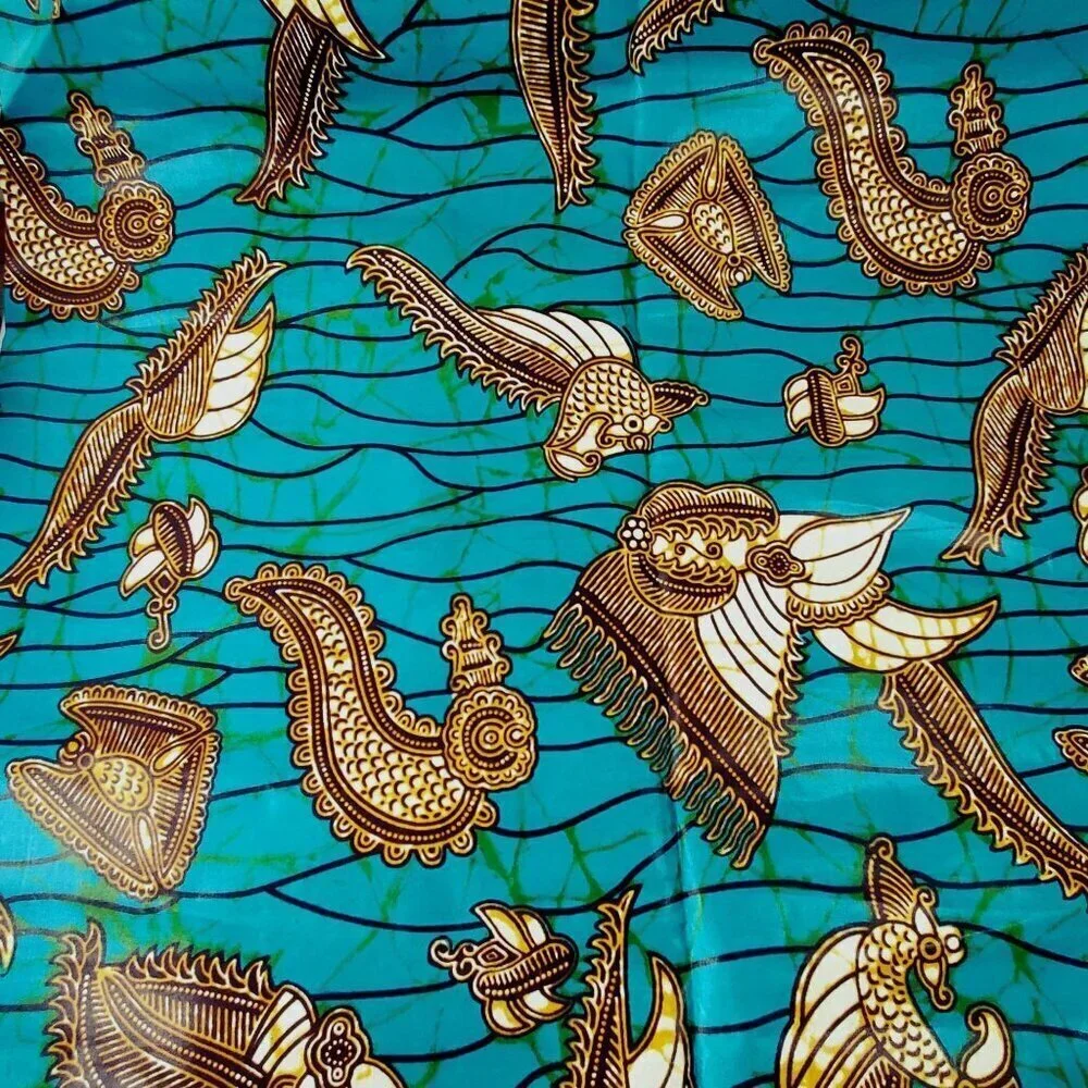 Guaranteed Orient African Wax Print Fabric 36x45 Inches 1 Yd Turquoise & Gold